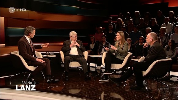 Moderator Markus Lanz (l.) mit seinen Gästen (v.l.n.r.): Joschka Fischer, Kristin Helberg und Kilian Kleinschmidt.