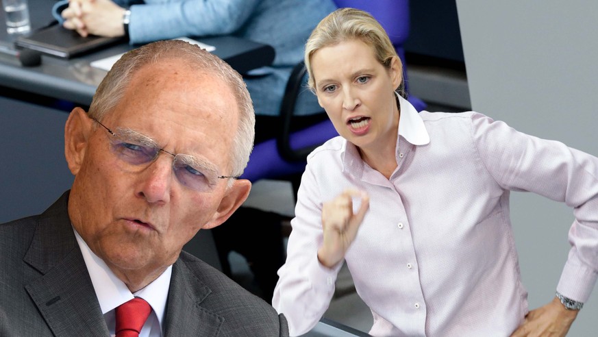 16.05.2018, Berlin: Alice Weidel (vorne), Fraktionsvorsitzende der AfD, spricht bei der Plenarsitzung des Deutschen Bundestages im Reichstagsgebäude vor Bundeskanzlerin Angela Merkel (CDU) und Olaf Sc ...