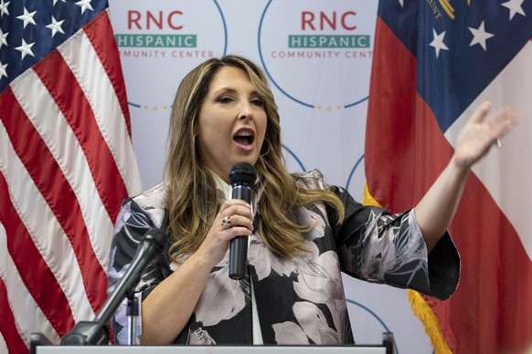 FILE - Republican National Committee Chair Ronna McDaniel speaks to a packed room at the opening of the RNC&#039;s new Hispanic Community Center in Suwanee, Ga., June 29, 2022. A decade after its last ...