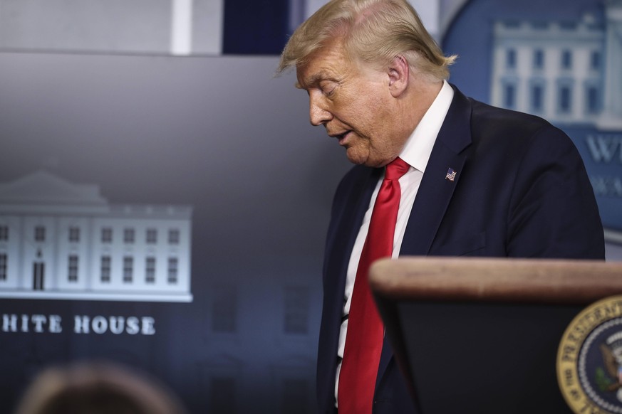 President Donald Trump walks out of the podium after a press briefing in the Brady Press Briefing Room of the White House on July 28, 2020 in Washington, DC. PUBLICATIONxNOTxINxUSA Copyright: xOliverx ...