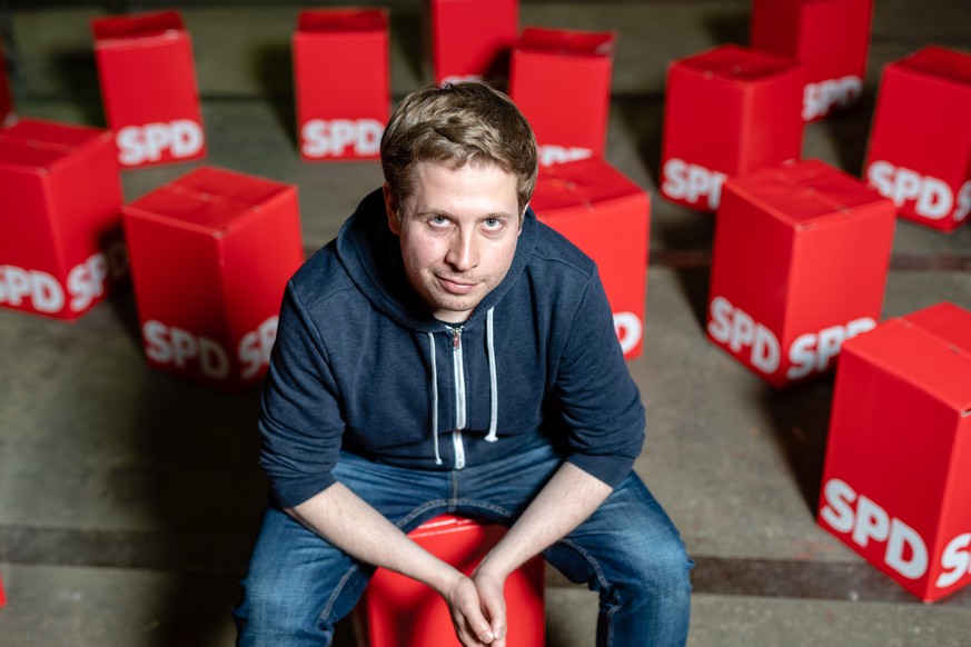 WITTENBERG, GERMANY - MAY 06: Kevin Kühnert, head of Jusos, the youth arm of the German Social Democrats (SPD), poses for a photo during an event to promote SPD candidates in local city council electi ...