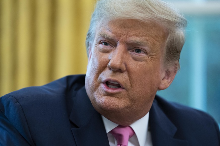 President Donald Trump speaks during a meeting with Senate Majority Leader Mitch McConnell of Ky., and House Minority Leader Kevin McCarthy of Calif., in the Oval Office of the White House, Monday, Ju ...