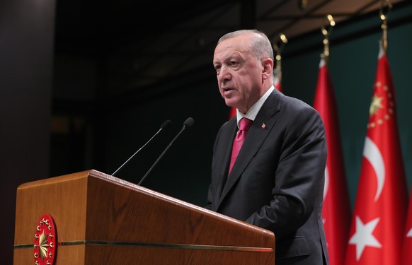 ANKARA, TURKIYE - MAY 23: Turkish President Recep Tayyip Erdogan speaks during a press conference after the cabinet meeting at the Presidential Complex in Ankara, Turkiye on May 23, 2022. Mustafa Kama ...