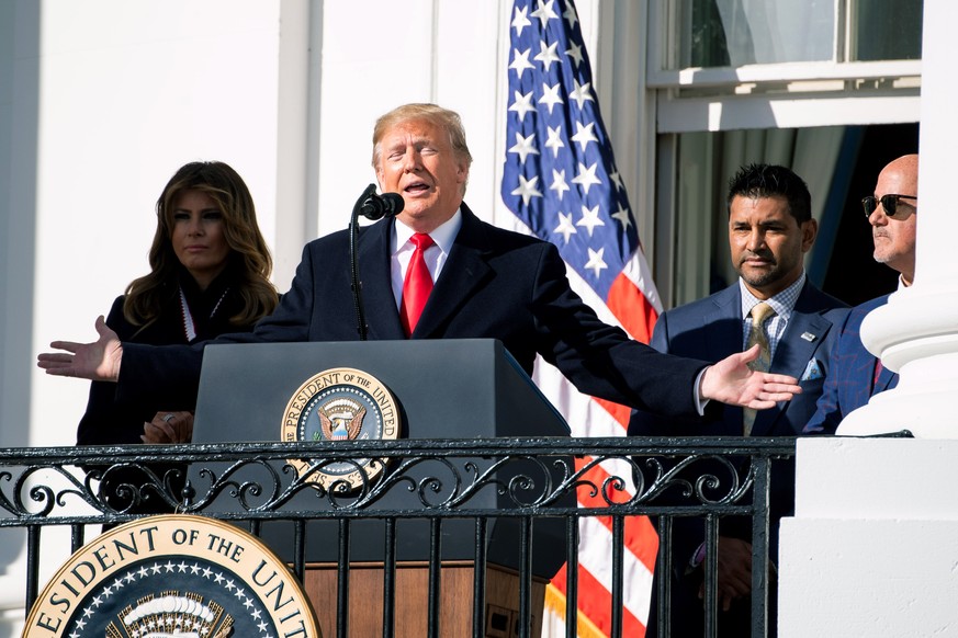 President Donald Trump speaks as he welcomes the 2019 World Series champion Washington Nationals to the White House in Washington, DC on Monday, November 4, 2019. PUBLICATIONxINxGERxSUIxAUTxHUNxONLY W ...