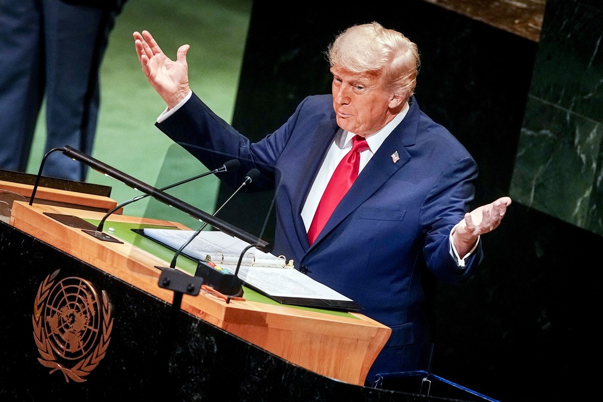23.09.2025, USA, New York: US-Präsident Donald Trump spricht bei der Generaldebatte der UN-Vollversammlung. Zu dem größten diplomatischen Ereignis der Welt werden über mehrere Tage über 140 Staats- un ...