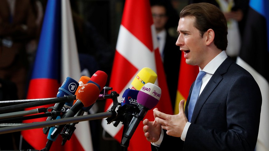 Austrian Chancellor Sebastian Kurz speaks to the media at an European Union leaders summit in Brussels, Belgium October 17, 2018. REUTERS/Yves Herman