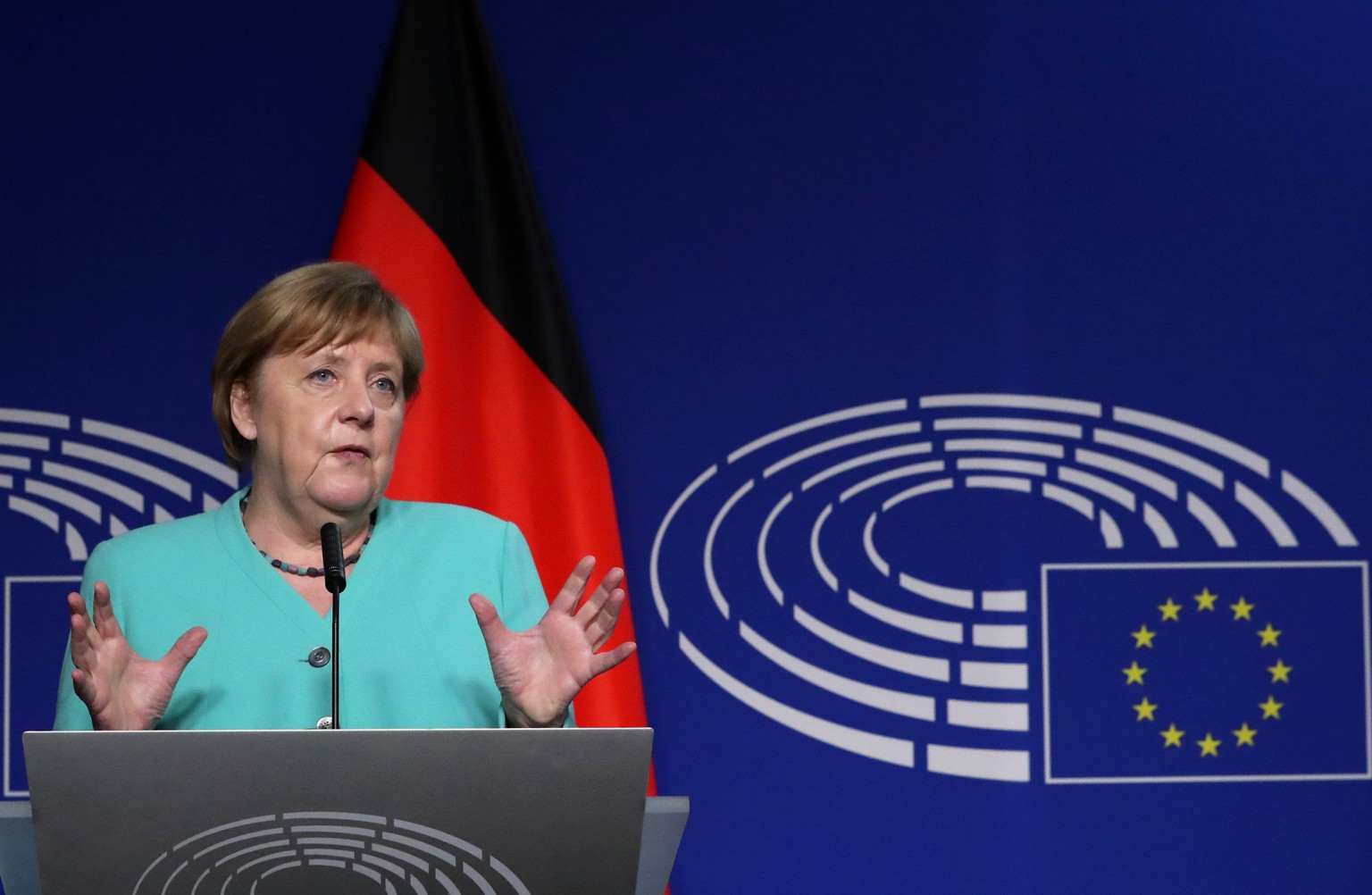 German Chancellor Angela Merkel speaks during an opening statement with European Parliament President David Sassoli (not pictured) ahead of a debate with EU lawmakers on Germany&#039;s presidency of t ...