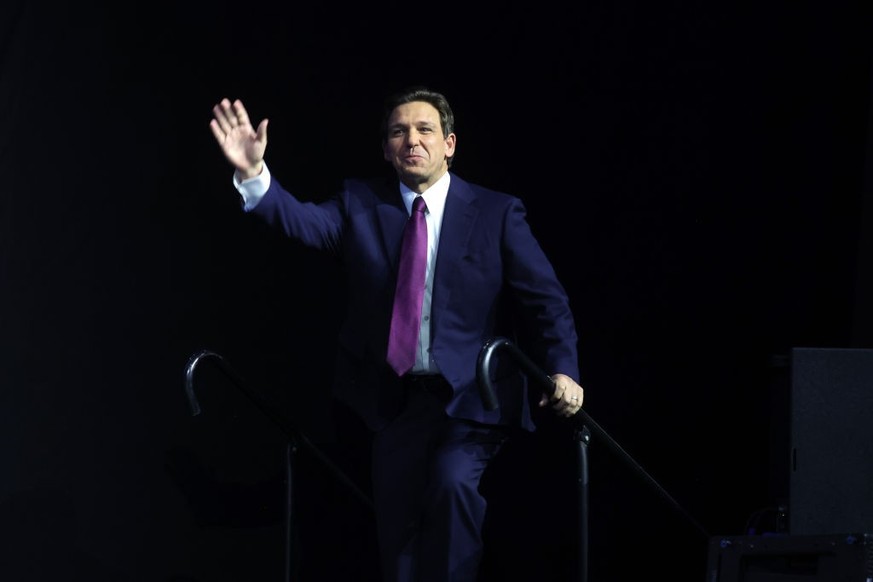 DES MOINES, IOWA - JULY 14: Florida Governor Ron DeSantis speaks to guests at the Family Leadership Summit on July 14, 2023 in Des Moines, Iowa. Several Republican presidential candidates were schedul ...