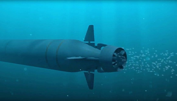RUSSIA - JULY 19, 2018: The Poseidon nuclear-powered and nuclear-armed unmanned underwater vehicle during the final stage of testing. Poseidon is a brand new intercontinental range undersea weapon abl ...