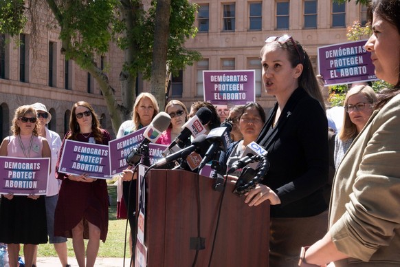 Syndication: Arizona Republic Sen. Eva Burch speaks during a news conference on the Arizona Supreme Court abortion law ruling at the Arizona State Capitol in Phoenix on April 9, 2024. Phoenix , EDITOR ...