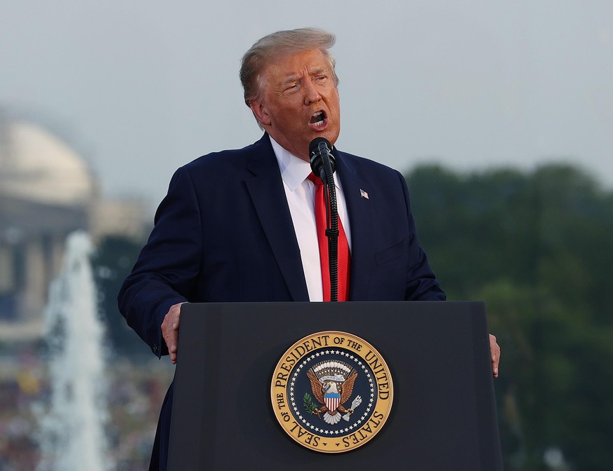 WASHINGTON, DC - JULY 04: President Donald Trump speaks during an event on the South Lawn of the White House on July 04, 2020 in Washington, DC. President Trump is hosting a &quot;Salute to America&qu ...