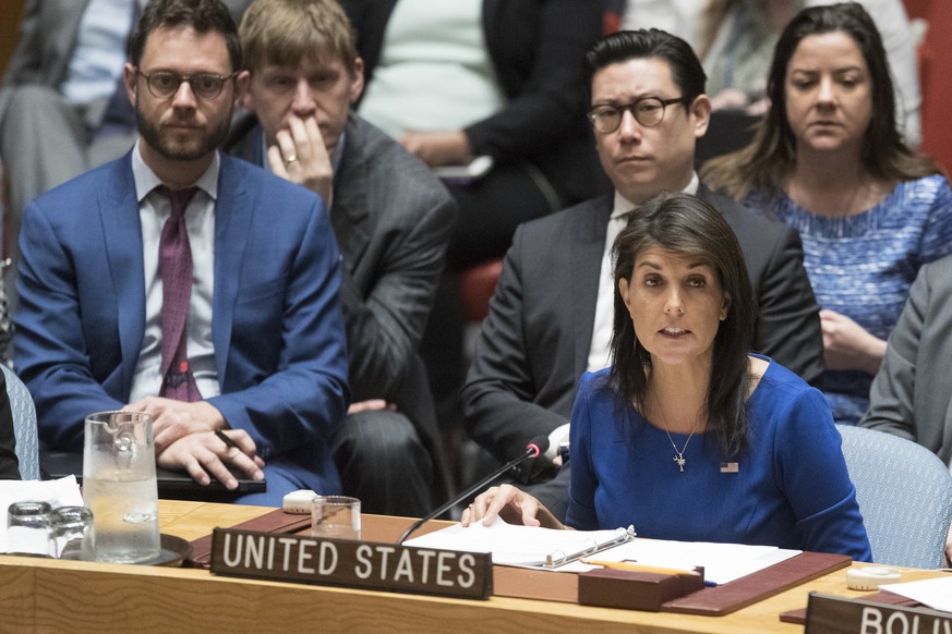 American Ambassador to the United Nations Nikki Haley speaks during a Security Council meeting on the situation in Syria, Saturday, April 14, 2018 at United Nations headquarters. (AP Photo/Mary Altaff ...