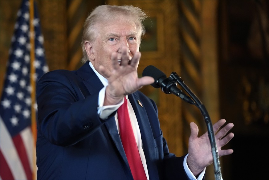 Republican presidential nominee former President Donald Trump speaks to reporters during a news conference at his Mar-a-Lago estate Thursday, Aug. 8, 2024, in Palm Beach, Fla. (AP Photo/Alex Brandon)