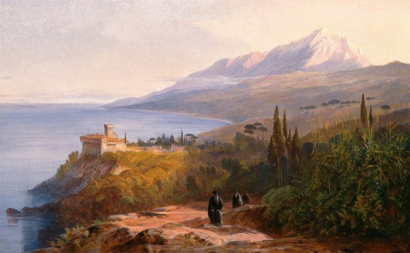 Die Zeichnung von Berg Athos und dem Kloster Stavroniketes.