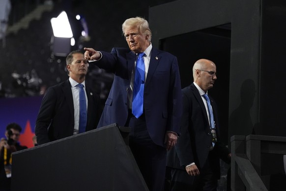 Republican presidential candidate former President Donald Trump prepares to depart after the second day of the 2024 Republican National Convention at the Fiserv Forum, Tuesday, July 16, 2024, in Milwa ...