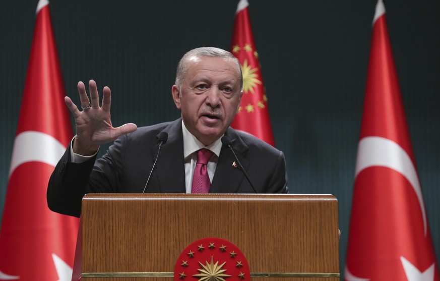 Turkish President Recep Tayyip Erdogan speaks following a Cabinet meeting, in Ankara, Turkey, Monday, May 23, 2022. Erdogan said Monday he would cease talking to Greek Prime Minister Kyriakos Mitsotak ...