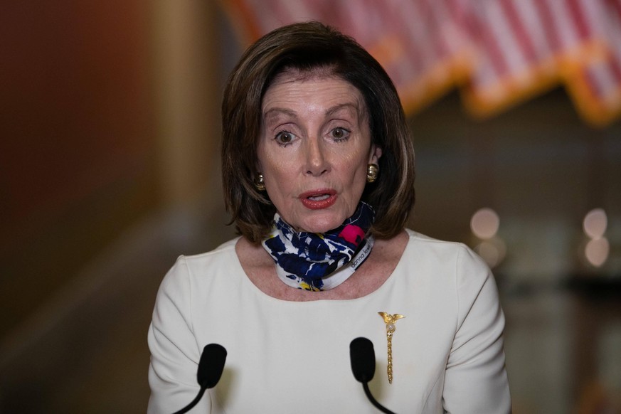 Speaker of the United States House of Representatives Nancy Pelosi Democrat of California delivers a statement on Capitol Hill, in Washington D.C., Tuesday, May 12, 2020, on the Heroes Act aid package ...