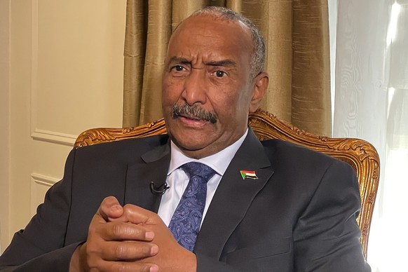 FILE - Sudan&#039;s General Abdel Fattah al-Burhan, answers questions during an interview, Thursday, Sept. 22, 2022, in New York. Ethiopian Prime Minister Abiy Ahmed held talks with Sudan’s ruling gen ...
