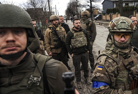 BUCHA, KYIV PROVINCE, UKRAINE, APRIL 04: Ukrainian President Volodymyr Zelenskyy visits the town of Bucha, after it was liberated from Russian Army, in Bucha, Ukraine on April 04, 2022. Metin Aktas /  ...