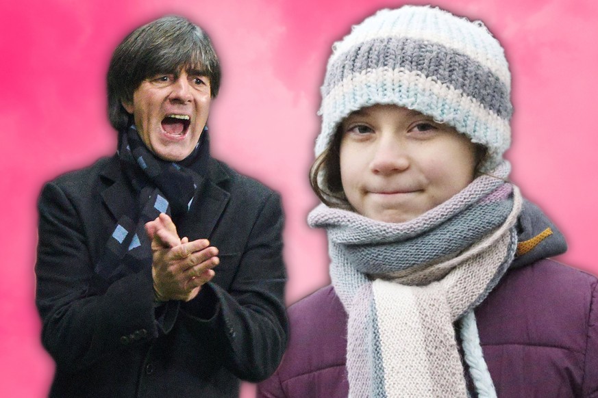 Joachim Löw (l.) und Greta Thunberg: Die Weltpolitik, die muss deinen Atem spüren!