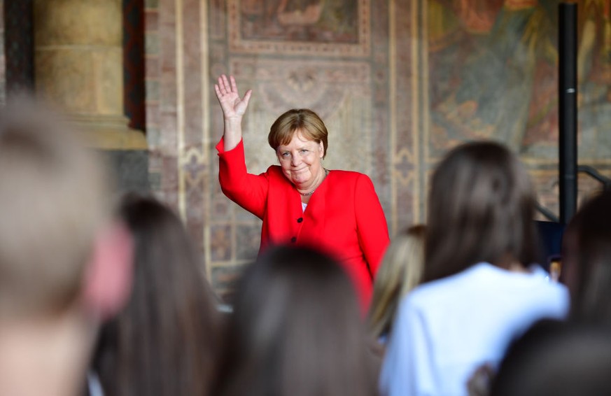 GOSLAR, GERMANY - JUNE 19: German Chancellor Angela Merkel (CDU) arrives at Kaiserpfalz to talk to school kids on June 19, 2019 in Goslar, Germany. Merkel is visiting the city for the day, with stops  ...