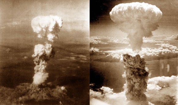 World War II, Atomic bomb mushroom clouds over Hiroshima (left) and Nagasaki (right), August 1945 Japan WHA