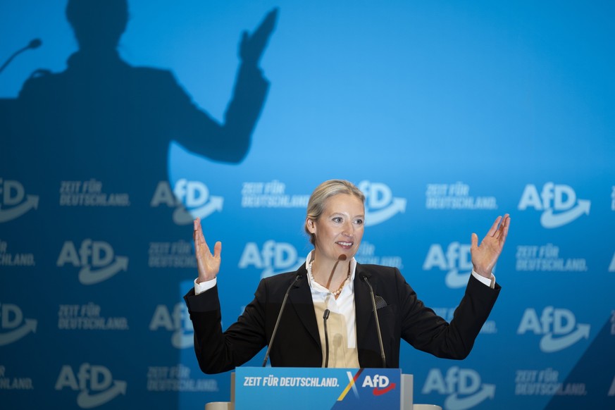 dpatopbilder - 11.01.2025, Sachsen, Riesa: Alice Weidel, AfD-Bundesvorsitzende, spricht auf dem Bundesparteitag ihrer Partei nach ihrer Nominierung zur Kanzlerkandidatin für die bevorstehende Bundesta ...