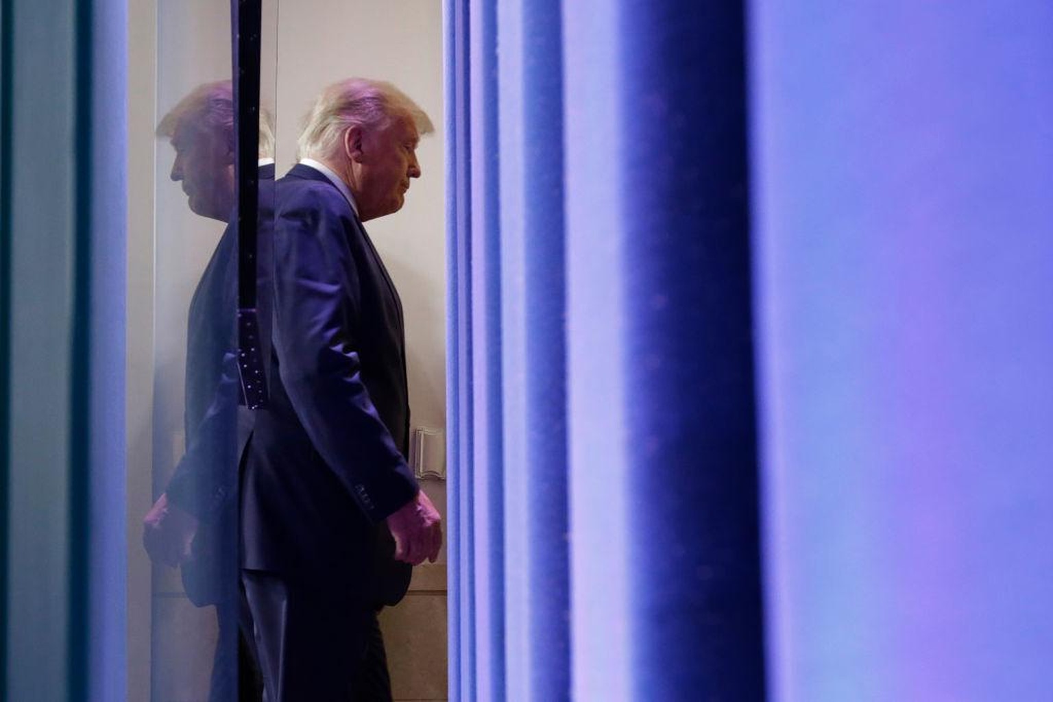 WASHINGTON, DC - NOVEMBER 05: U.S. President Donald Trump leaves after speaking in the briefing room at the White House on November 5, 2020 in Washington, DC. Votes are still being counted two days af ...