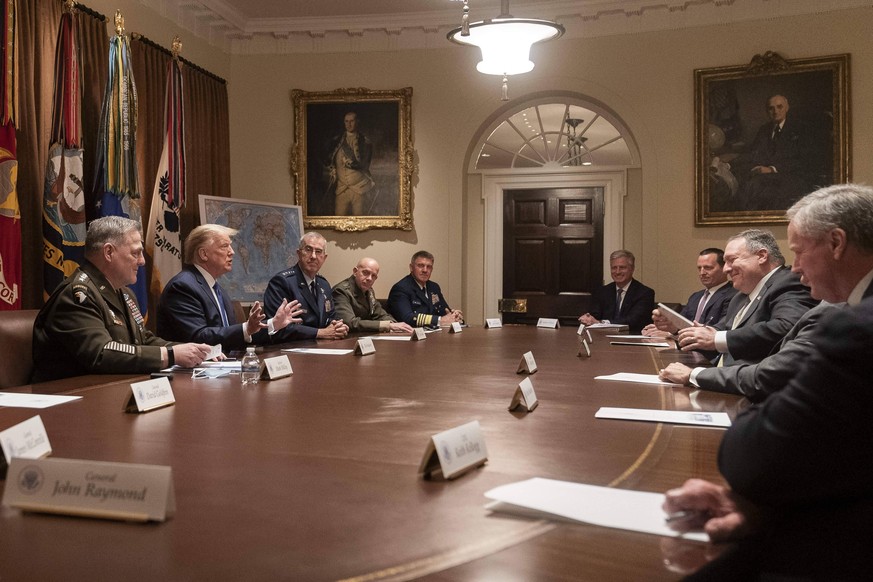 May 8, 2020, Washington, DC, United States of America: U.S. President Donald Trump, joined by Secretary of State Mike Pompeo, delivers remarks to a meeting of senior military leaders and national secu ...