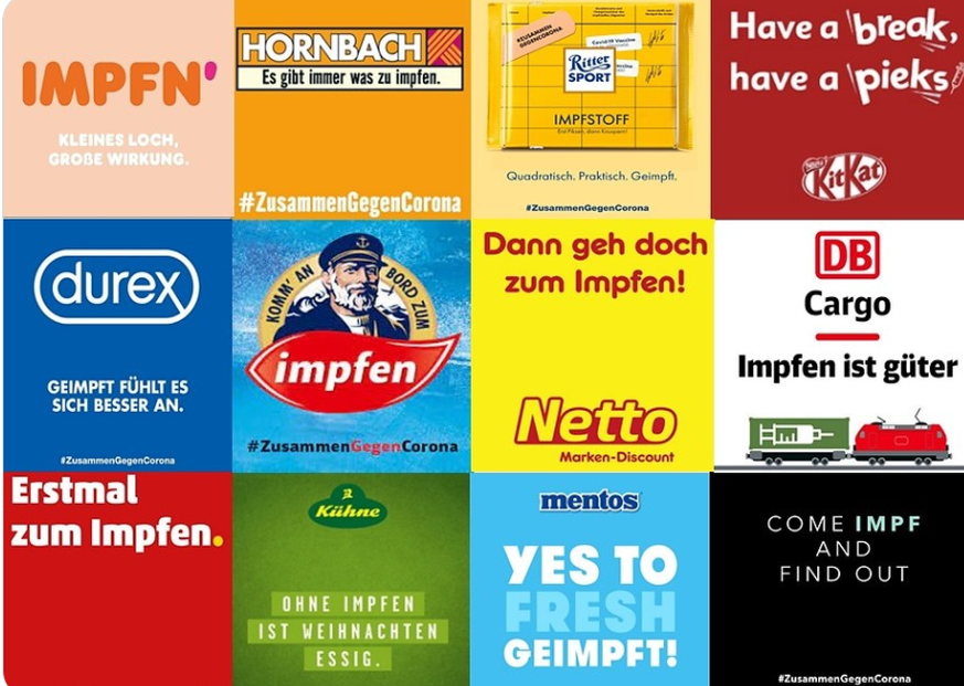 Rittersport, McDonalds und viele weitere Unternehmen, werben für die Corona-Impfung.