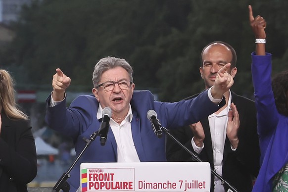 Far-left La France Insoumise - LFI - (France Unbowed) founder Jean-Luc Melenchon, delivers his speech after the second round of the legislative elections Sunday, July 7, 2024 in Paris. A coalition on  ...