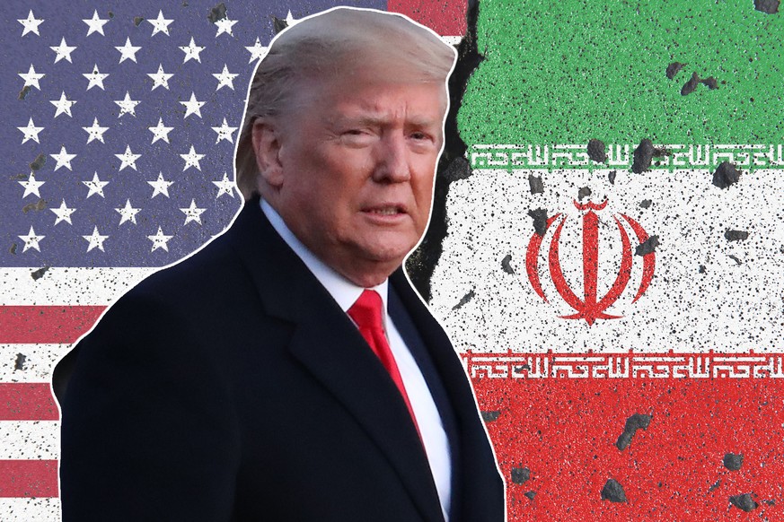 Symbild FOTOMONTAGE zum wachsenden Konflikt und der drohenden Eskalation zwischen den USA und Iran: Flaggen der beiden Staaten auf erodierendem Grund. *** Symbol PHOTO MONTAGE on the growing conflict  ...