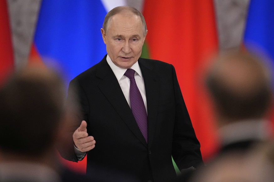 Russian President Vladimir Putin speaks during a signing ceremony following his talks with Belarusian President Alexander Lukashenko at the Grand Kremlin Palace in Moscow, Russia, Thursday, March 13,  ...