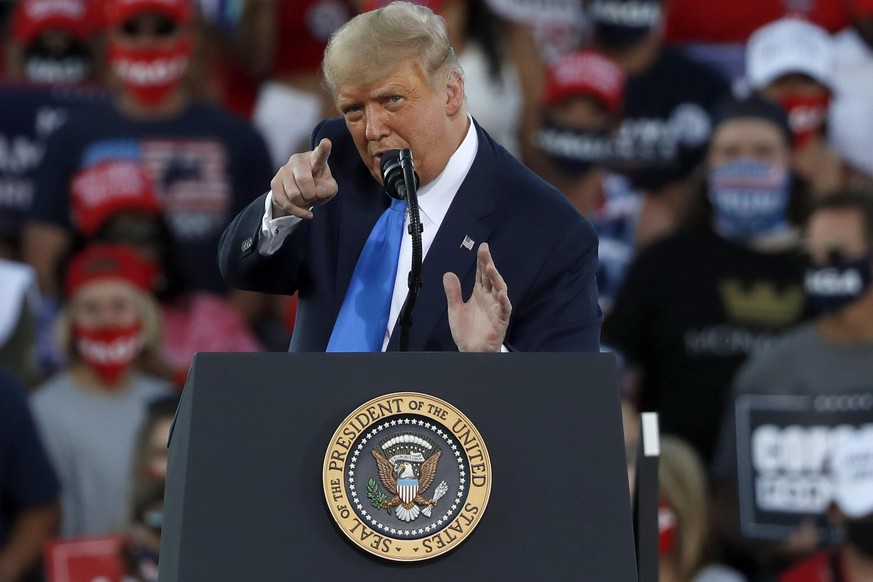 CARSON CITY, NV - OCTOBER 18: President Donald Trump gestures during a campaign rally on October 18, 2020 in Carson City, Nevada. With 16 days to go before the November election, President Trump is ba ...