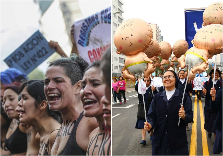 Links: Frauen demonstrieren 2016 gegen die Verschärfung des Abtreibungsrechts in Peru. Rechts: Tausende demonstrieren am 5. Mai 2018 in der peruanischen Hauptstadt Lima gegen Abtreibung.