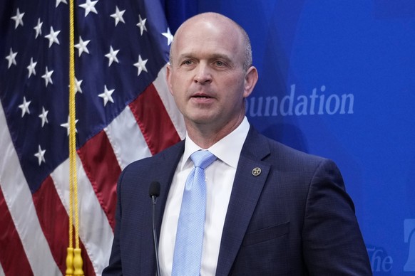 FILE - Kevin Roberts, president of The Heritage Foundation, speaks in Washington, April 12, 2023. Former President Donald Trump is seeking to distance himself from a plan for a massive overhaul of the ...