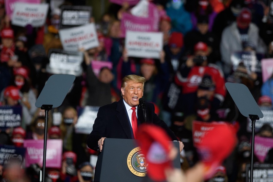 ERIE, PA - OCTOBER 20: U.S. President Donald Trump speaks at a campaign rally at North Coast Air aeronautical services at Erie International Airport on October 20, 2020 in Erie, Pennsylvania. Trump is ...