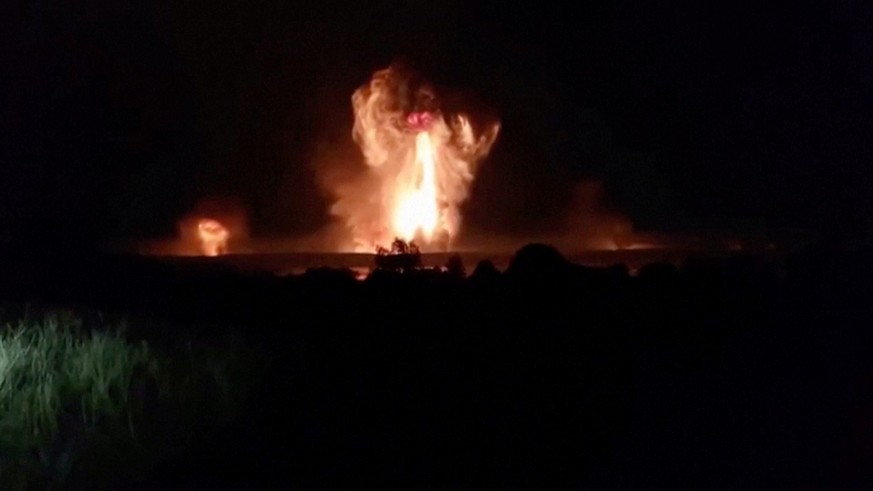 A mushroom cloud rises after an explosion, amid the Russia-Ukraine conflict, in Toropets, Tver region, Russia in this screen grab obtained from a social media video released on September 18, 2024. Soc ...