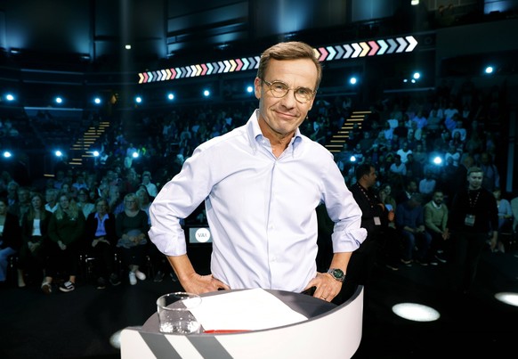 Ulf Kristersson, leader of the Moderate party during a political debate broadcasted on TV4 from Eskilstuna, Sweden, 8 September 2022. General elections will be held in Sweden on 11 September 2022. ESK ...
