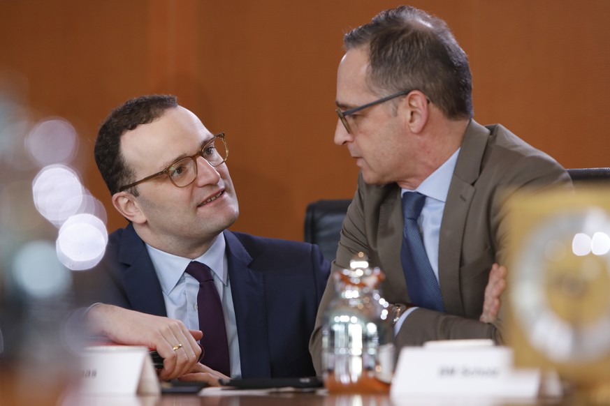 BERLIN, GERMANY - JANUARY 30: Health Minister: Jens Spahn (CDU) and Foreign Minister, Heiko Maas (SPD), arrive for the weekly government cabinet meeting on January 30, 2019 in Berlin, Germany. Among m ...