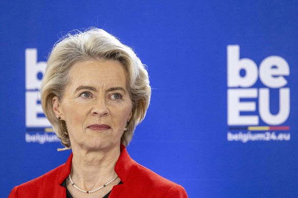 European Commission president Ursula Von der Leyen pictured during a press conference for the launch of Belgian Presidency of the Council of the European Union, at the Egmont Palace, part of the launc ...