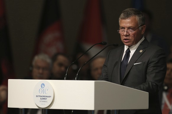 Jordan&#039;s King Abdullah II speaks during the extraordinary summit of the Organization of Islamic Cooperation (OIC), in Istanbul, Turkey, Friday, May 18, 2018. Turkey has called on Muslim nations t ...