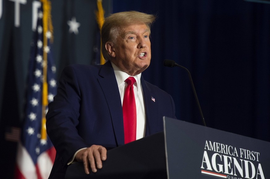 Former President of the United States Donald Trump speaks during his first trip back to Washington, DC at the American First Agenda Summit held by the America First Policy Institute at the Marriott Ma ...