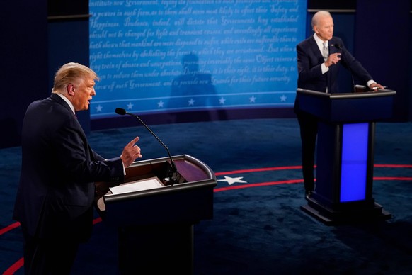 President Donald Trump and Democratic presidential candidate former Vice President Joe Biden exchange points during the first presidential debate in Cleveland, Ohio, on Tuesday, September 29, 2020. Po ...