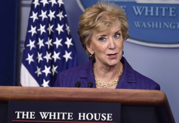 Small Business Administration Administrator Linda McMahon attends the White House daily press briefing at the White House, October 3, 2018, in Washington, DC. McMahon announced that President Donald T ...