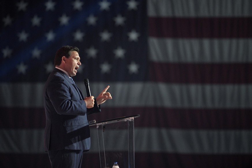 Florida Gov. Ron DeSantis addresses attendees during the Turning Point USA Student Action Summit, Friday, July 22, 2022, in Tampa, Fla. (AP Photo/Phelan M. Ebenhack)