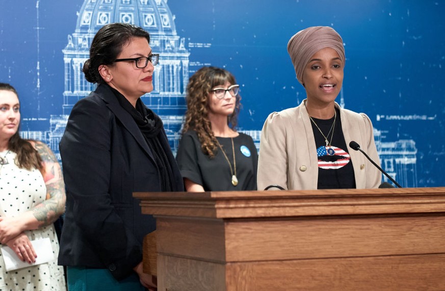 ST PAUL, MN - AUGUST 19: U.S. Reps. Ilhan Omar (D-MN) and Rashida Tlaib (D-MI) hold a news conference on August 19, 2019 in St. Paul, Minnesota. Israeli Prime Minister Benjamin Netanyahu blocked a pla ...