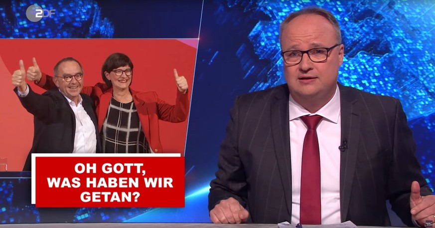 Welke (r.) nahm sich am Freitagabend den SPD-Parteitag – und damit auch das neue Führungs-Duo Walter-Borjans (l.) und Esken (m.) vor. 