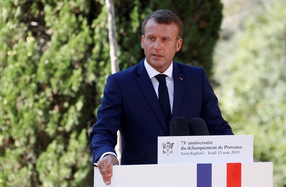 French President Emmanuel Macron delivers a speech during a ceremony marking the 75th anniversary of the Allied landings in Provence in World War Two which helped liberate southern France, in Boulouri ...