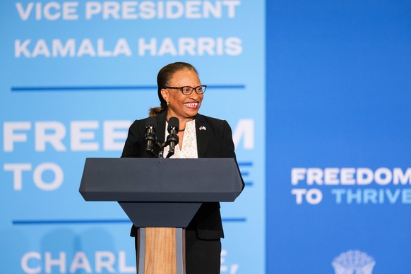 June 12, 2024, Charlotte, North Carolina, USA: Secretary of Housing and Urban Development ADRIANNE TODMAN delivers remarks before Vice President Kamala Harris takes the stage at Johnson C. Smith Unive ...
